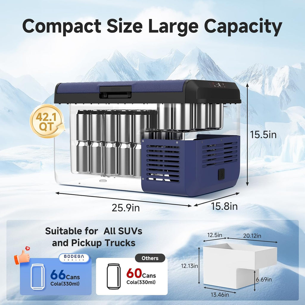 BODEGACOOLER 12 Volt Car Refrigerator, 42QT(40L) IPX4 Waterproof Electric Cooler, 31dB Ultra-Quiet Car Fridge APP Control with 12/24V DC 110-240V AC, -4℉~68℉, Portable for Truck RV Camping, Travel