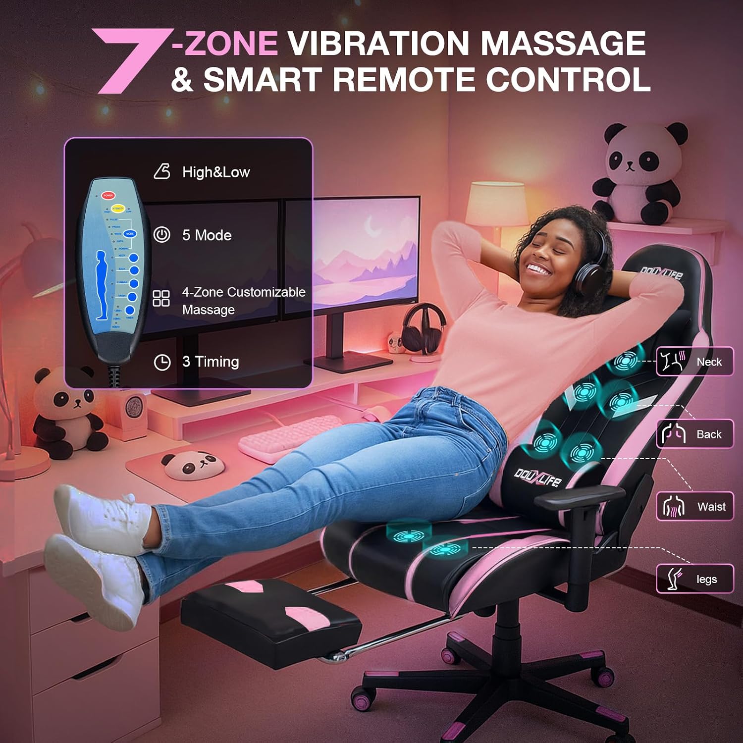 Douxlife 7-Point Massage Gaming Chair with Footrest, 400lbs Heavy Duty Ergonomic Computer Chair, 175° Reclining High Back Racing Seat for Adults with Adjustable Armrests & Lumbar Support, Black Pink