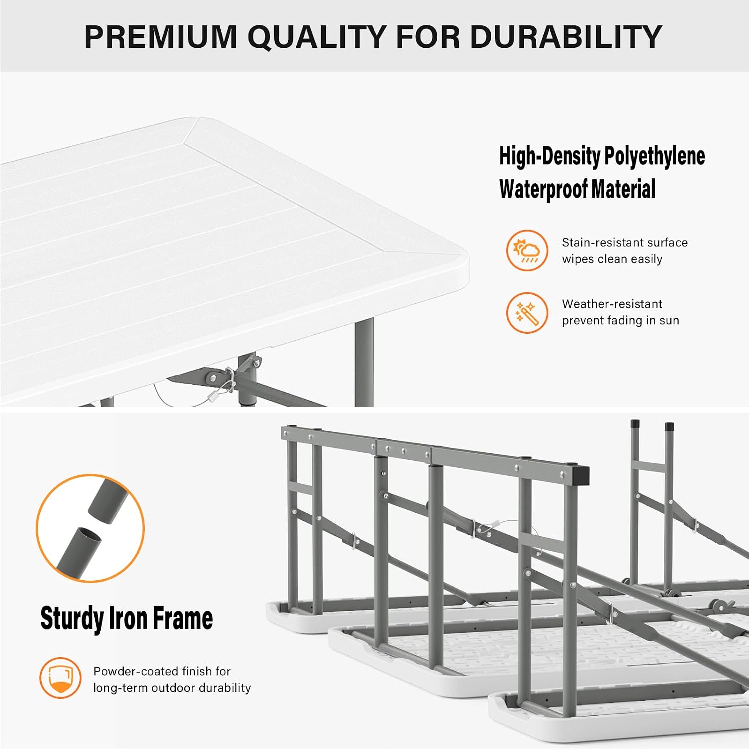 VINGLI Folding Picnic Table and Bench Set, Portable Outdoor Dining Furniture for Camping, Patio, Backyard, Wood Grain Plastic Top with Metal Frame (White)