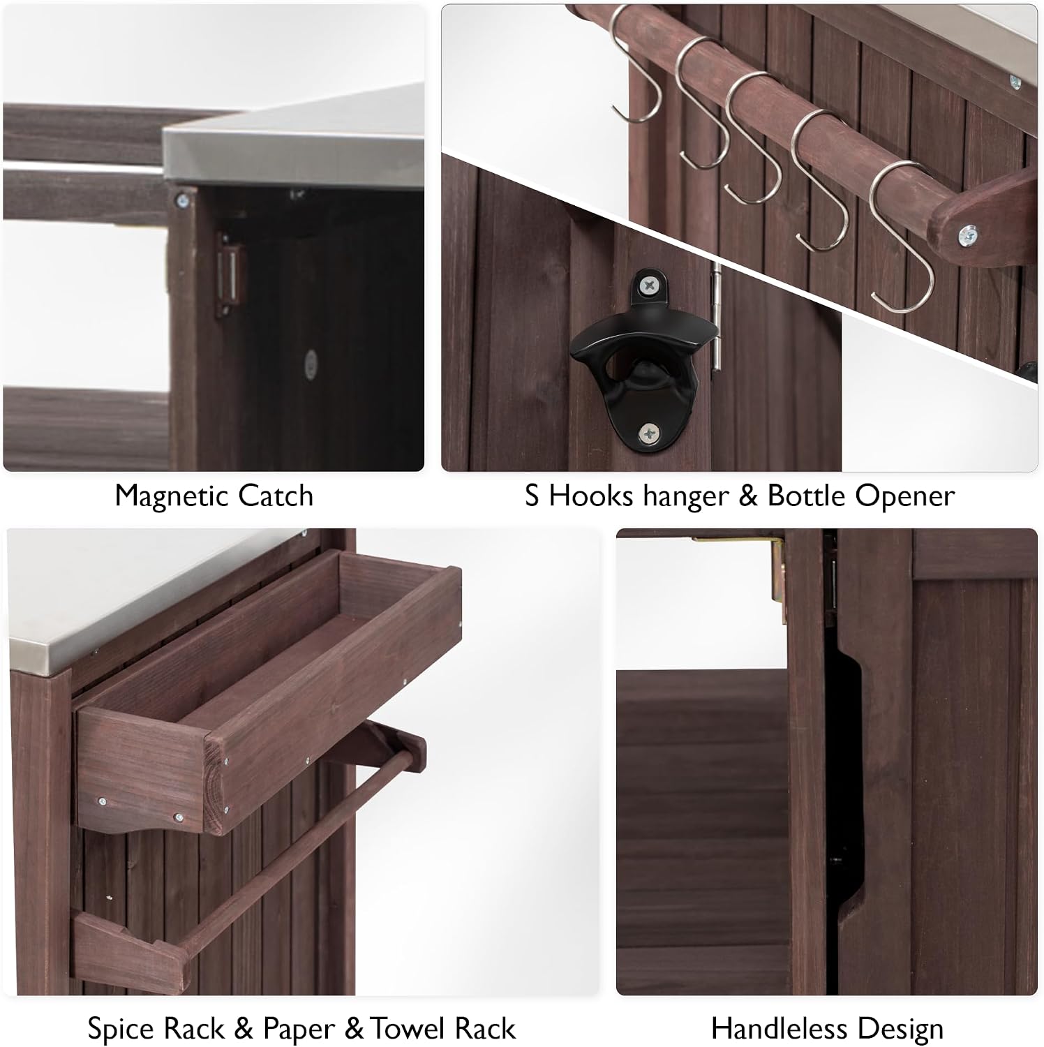 66.5' Large Outdoor Kitchen Island for Big Green Egg Grill, Outdoor Patio Bar Table with Stainless Steel Top and Adjustable Shelf, Rolling Grill Table Cart for Outside, Kitchen, BBQ, Dark Brown