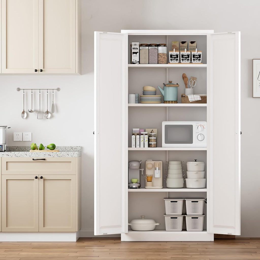 Greenvelly Metal Cabinet, 63' H White Metal Storage Cabinet with Doors and 4 Shelves, Pantry Storage Cabinet for Kitchen, Bedroom, Living Room, Office (Modern)