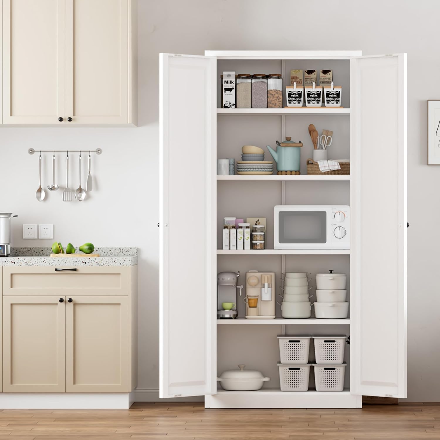 Greenvelly Metal Cabinet, 63' H White Metal Storage Cabinet with Doors and 4 Shelves, Pantry Storage Cabinet for Kitchen, Bedroom, Living Room, Office (Modern)