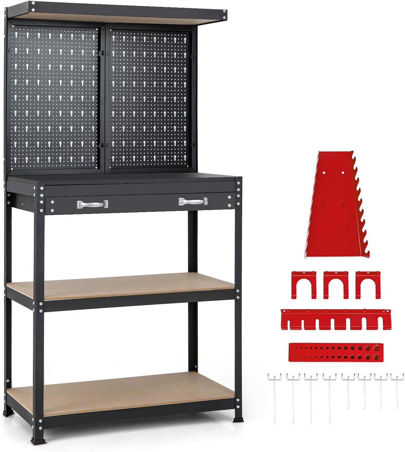 Goplus Workbench, Work Table with Drawer, Pegboard, Hanging Accessories, Topping Space, 4-Tier Heavy Duty Metal Tool Storage Bench, Work Benches for Garage, Workshop (Red, 32' x 16' with Drawer)