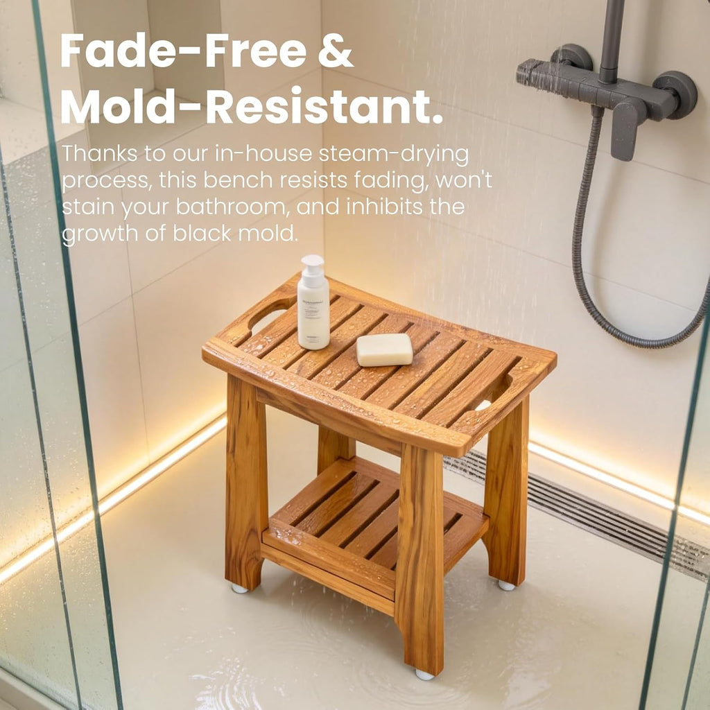 21' Standard Teak Shower Bench with Shelf & Handle - Waterproof, Non-Slip Bath Stool, 300 lbs Capacity - Fits Standard Tubs/Showers & Outdoor Use (Patented)