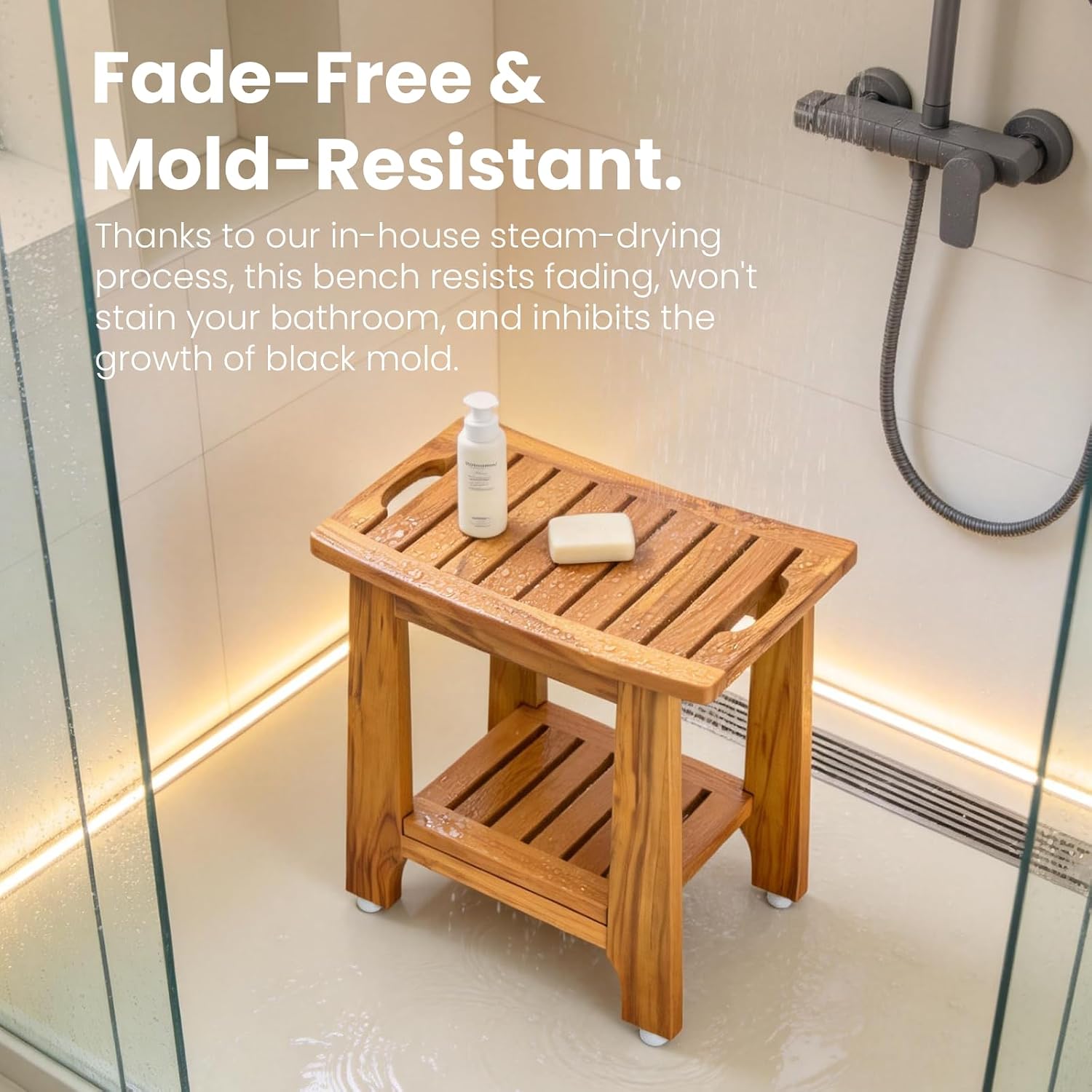 21' Standard Teak Shower Bench with Shelf & Handle - Waterproof, Non-Slip Bath Stool, 300 lbs Capacity - Fits Standard Tubs/Showers & Outdoor Use (Patented)