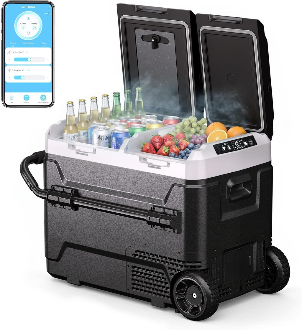 HCALORY 12 Volt Car Refrigerator 53QT/ 50L Car Fridge, Dual Zone Electric Cooler for Vehicles with Wheels and Handle -4℉~68℉, 12/24V DC 100-240V AC Portable Freezer for Camping, Travel, Truck, Home