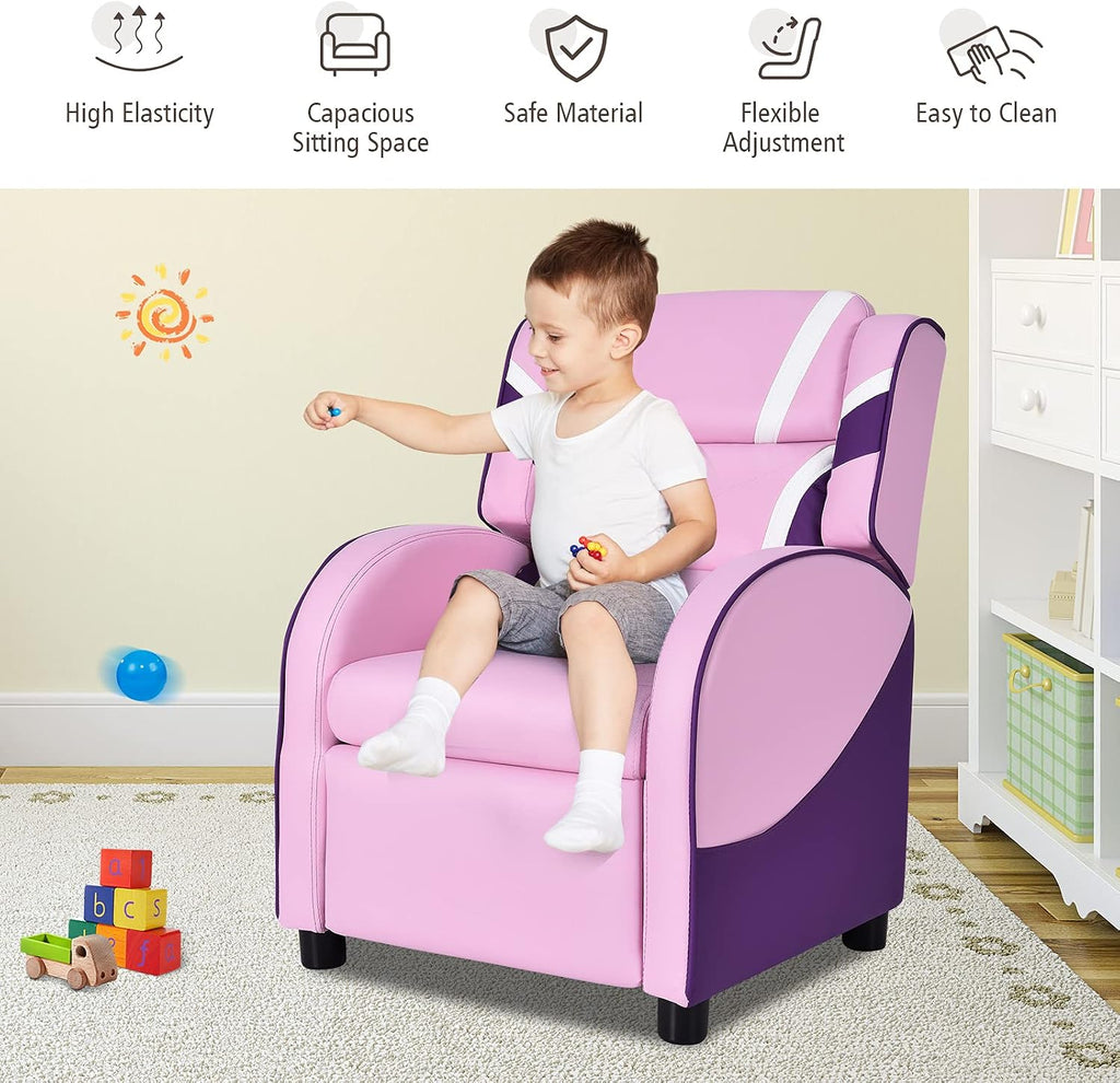 HONEY JOY Kids Recliner, Youth Gaming Reclining Chair w/Side Pocket, Ergonomic Headrest & Footrest, Upholstered Leather Lounge Chair for Boys Girls, Manual Adjustable Single Sofa Chair for Living Room