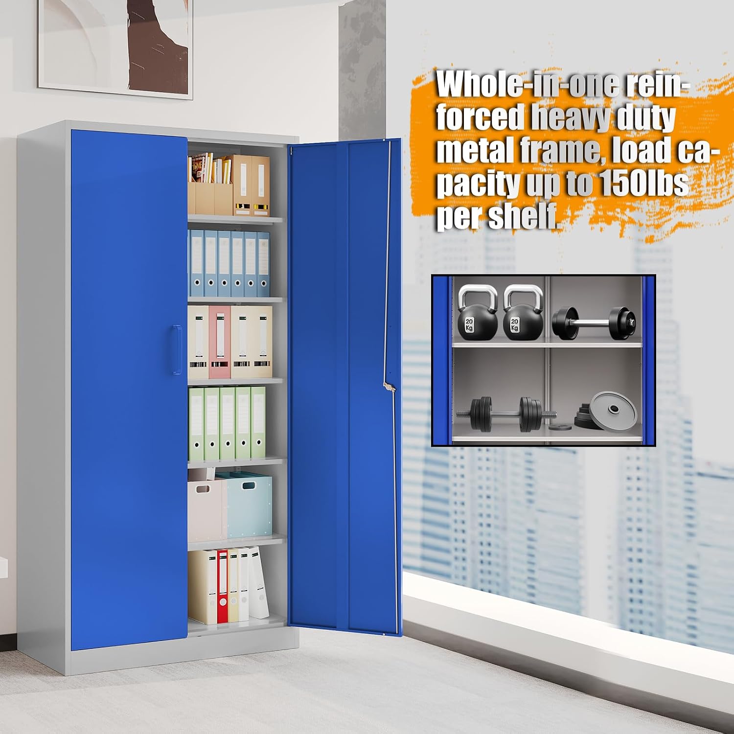 STANI Metal Garage Storage Cabinet with Lock, 71' Steel Lockable File Cabinet, Locking Steel Storage Cabinet with 5 Adjustable Shelves for Home, Office, Garage, Warehouse (Blue Grey, 2 Door - 71' H)