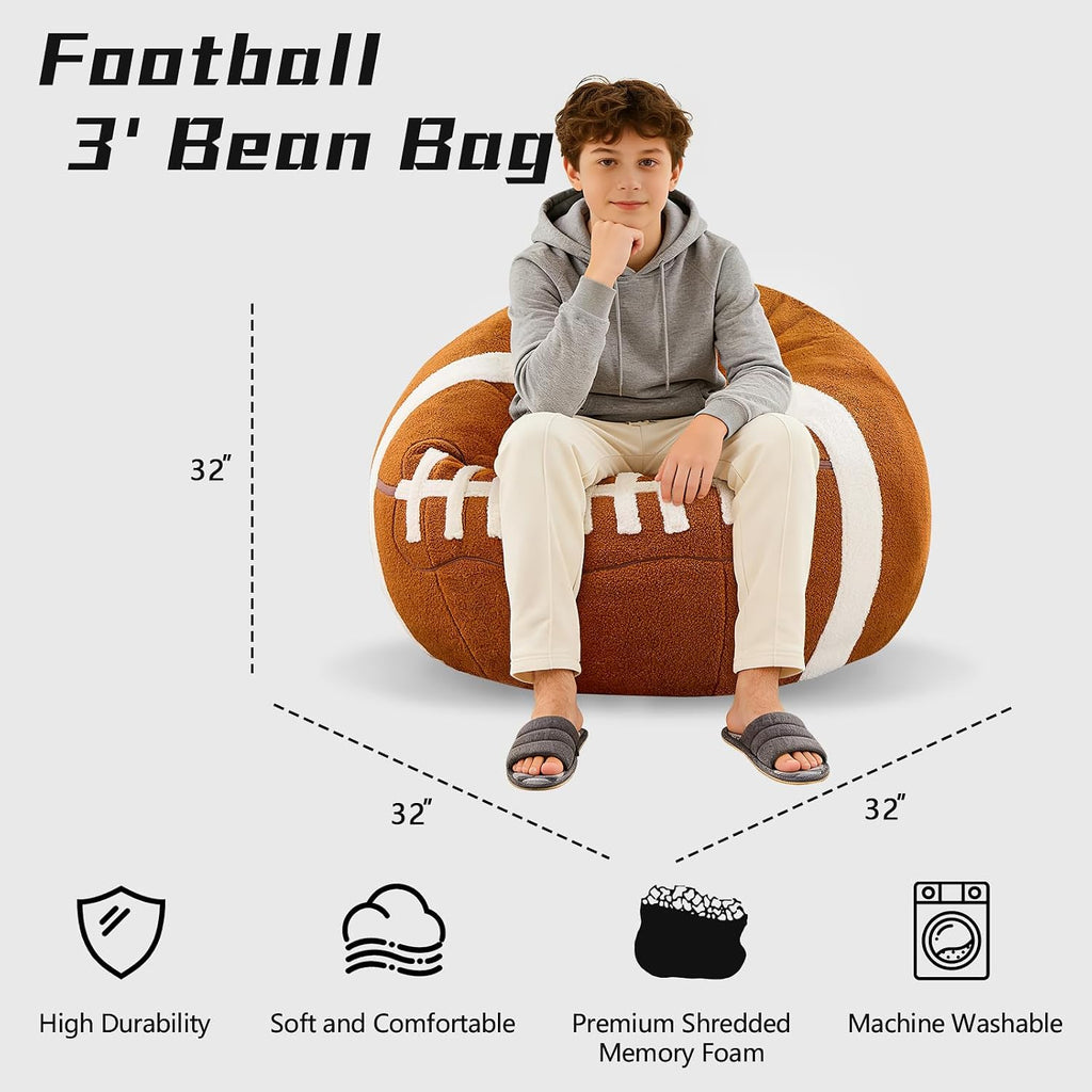 Sports Football Bean Bag Chair - Luxurious Bean Bag Chairs for Kids Teens Adults - Floor Sofa Couch with Filler - Plush BeanBag Furniture for Living Room Bedroom College Dorm - 32 Inch
