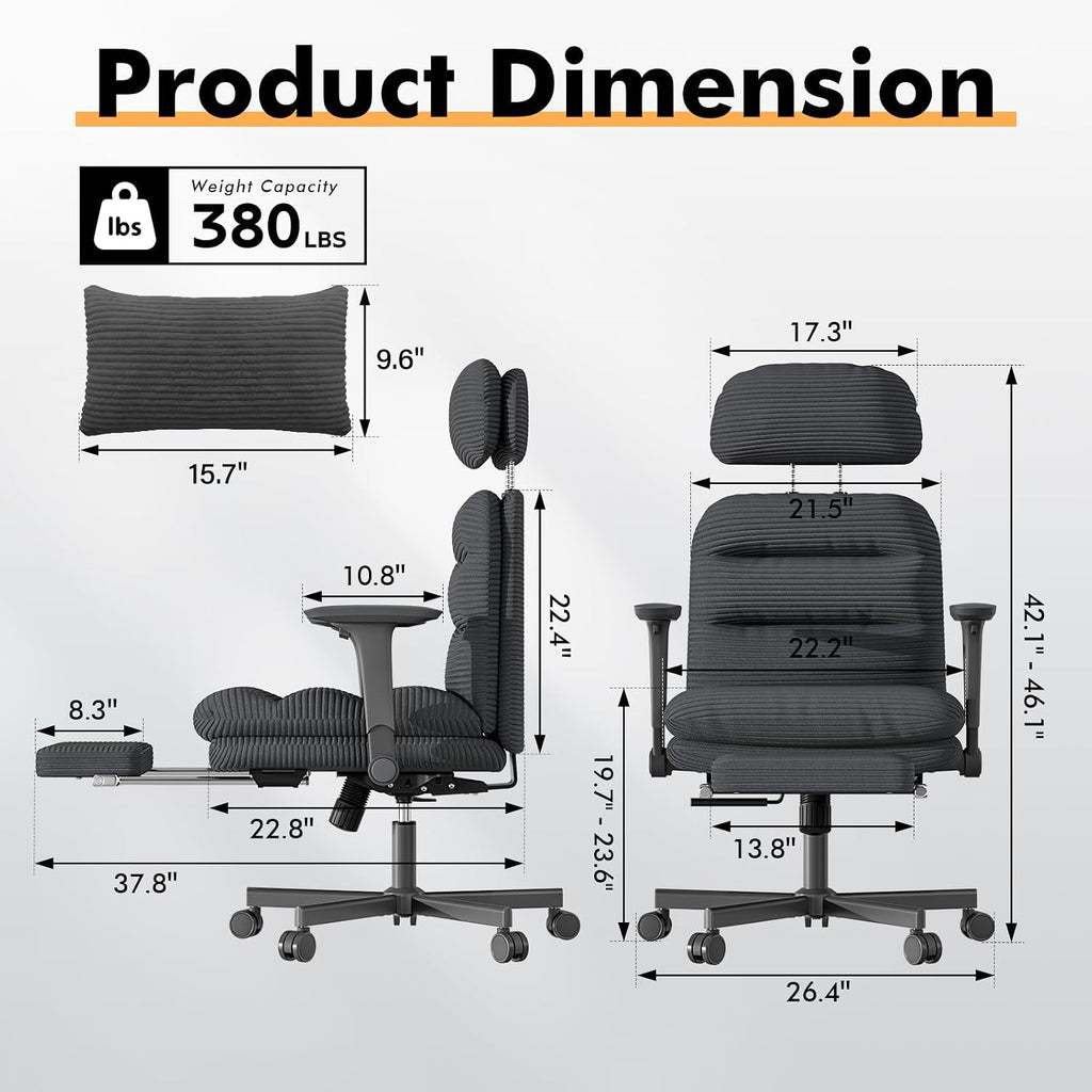 GXJ Criss Cross Chair with Flip-up Arms, Executive Office Chair with Foot Rest, Cross Legged Office Chair G800 Plus, Extra Lumbar Pillow, Corduroy Comfy Computer Desk Chair for Home, Black