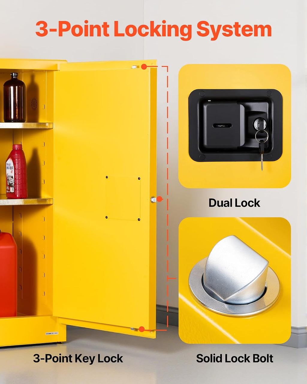 VEVOR Flammable Cabinet 18' x 43' x 46', 29 Gallon Flammable Storage Cabinet with Adjustable Shelf, Cold-Rolled and Galvanized Steel Fire Cabinets, for Commercial Industrial Home Use, Yellow