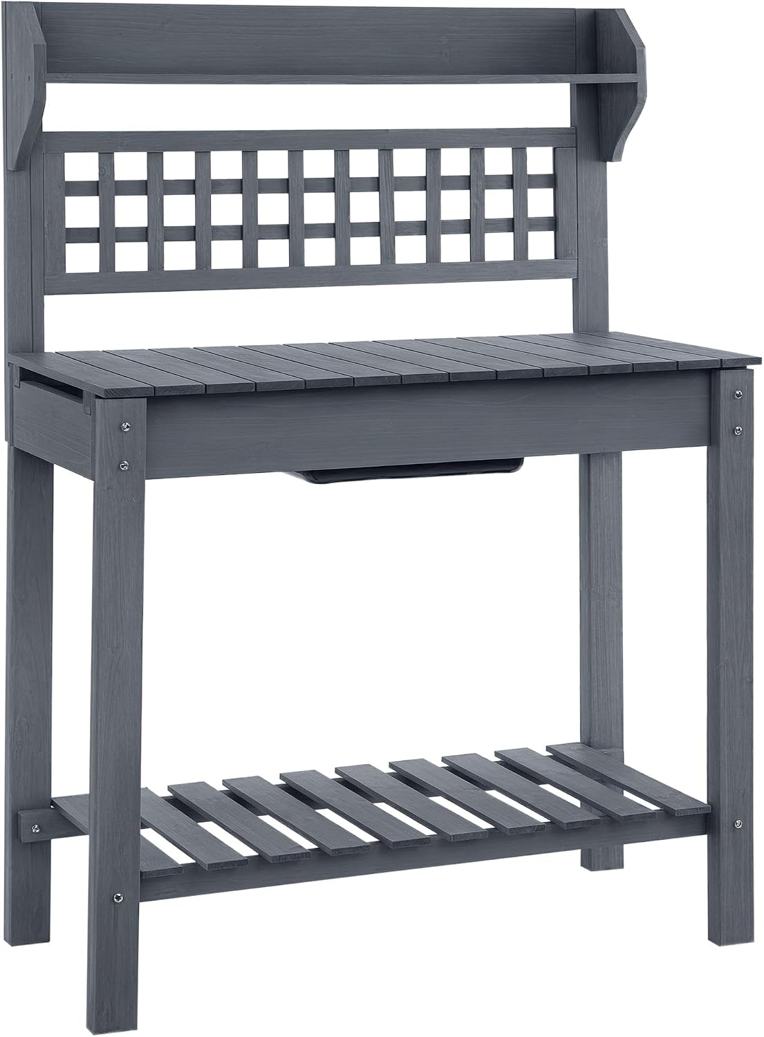 Outsunny Outdoor Potting Bench Table, Wooden Workstation with Sliding Tabletop, Storage Shelf and Dry Sink, for Greenhouse, Garden, Patio, Gray