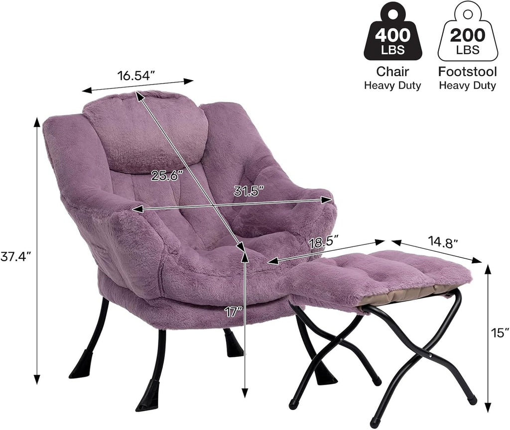 HollyHOME Lazy Chair with Foldable Ottoman, Accent Comfy Lounge Armchair and Folding Footrest Stool, Leisure Sofa Reading Chair and Footstool for Living Room, Bedroom, Dorm,Faux Fur Purple