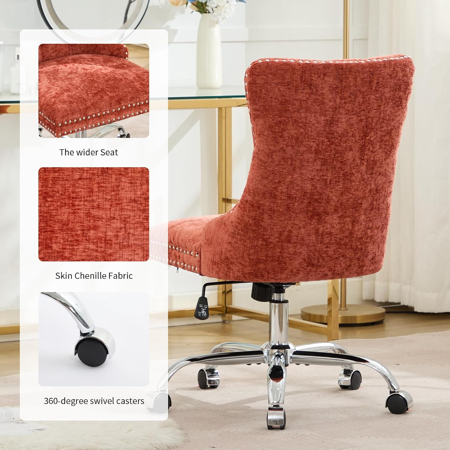 Home Office Chair with Wheels & Silver Base, Cute Chenille Fabric Makeup Vanity Chair with Tufted Back for Bedroom, Upholstered Adjustable Swivel Comfy Desk Chair for Girls Women, Orange