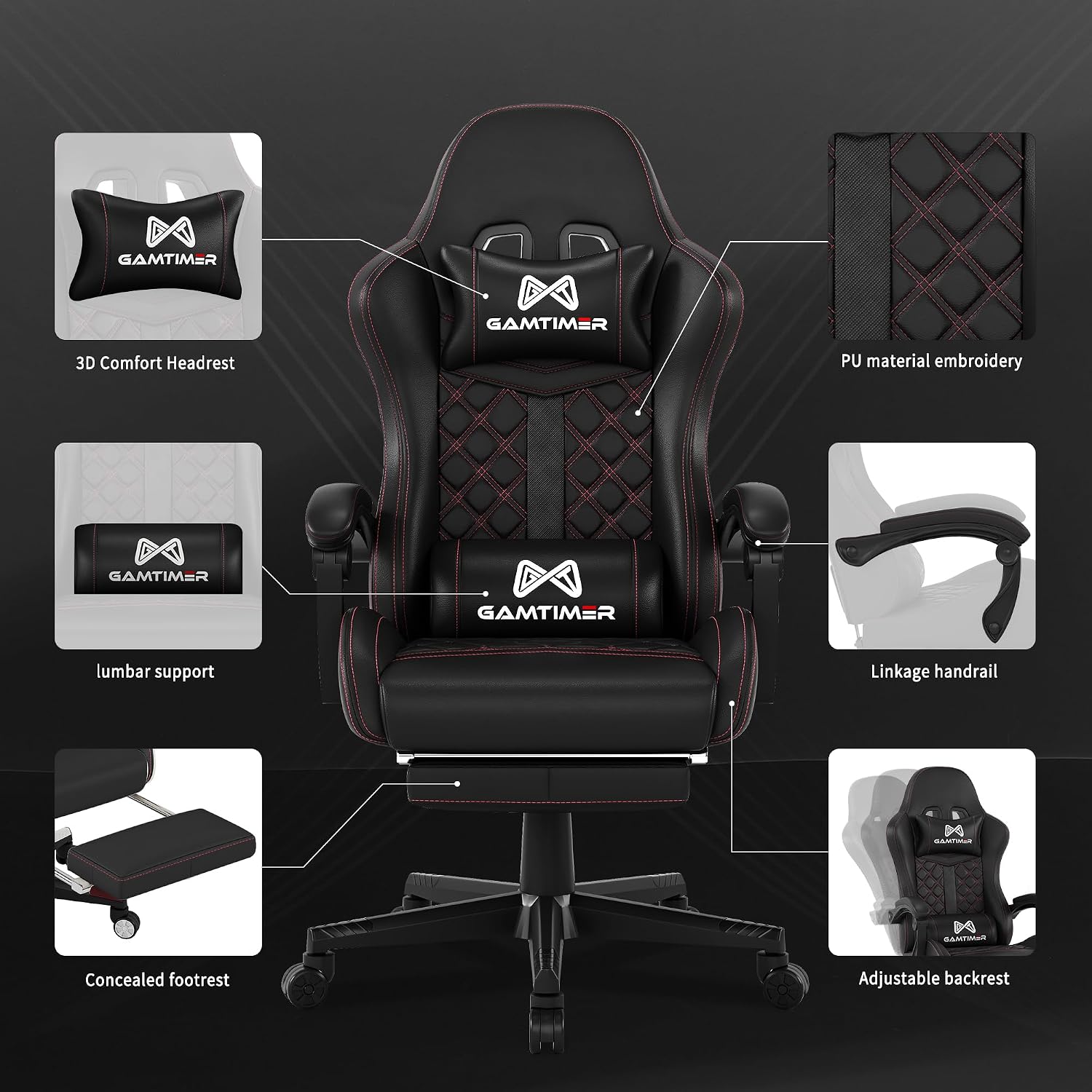 Gamtimer Gaming Chair, 400 lbs Adult Chair, High Back Computer Chair with Footrest and Linked Armrests, Office Video Game Chair with Lumbar Support (Black)