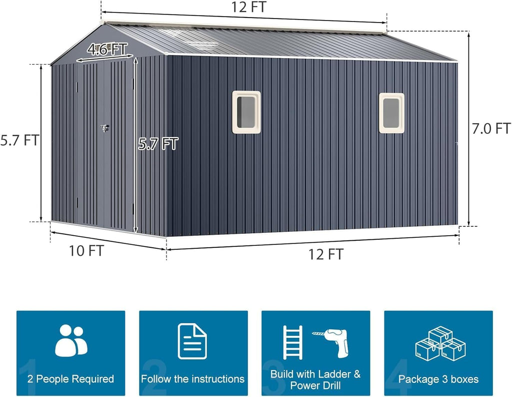 Restland 10x12 FT Metal Storage Shed Reinforced Frame Outdoor Shed with Clear Roof, Air Vent & Lockable Door Large Garden Storage Sheds for Backyard, Lawn, Patio