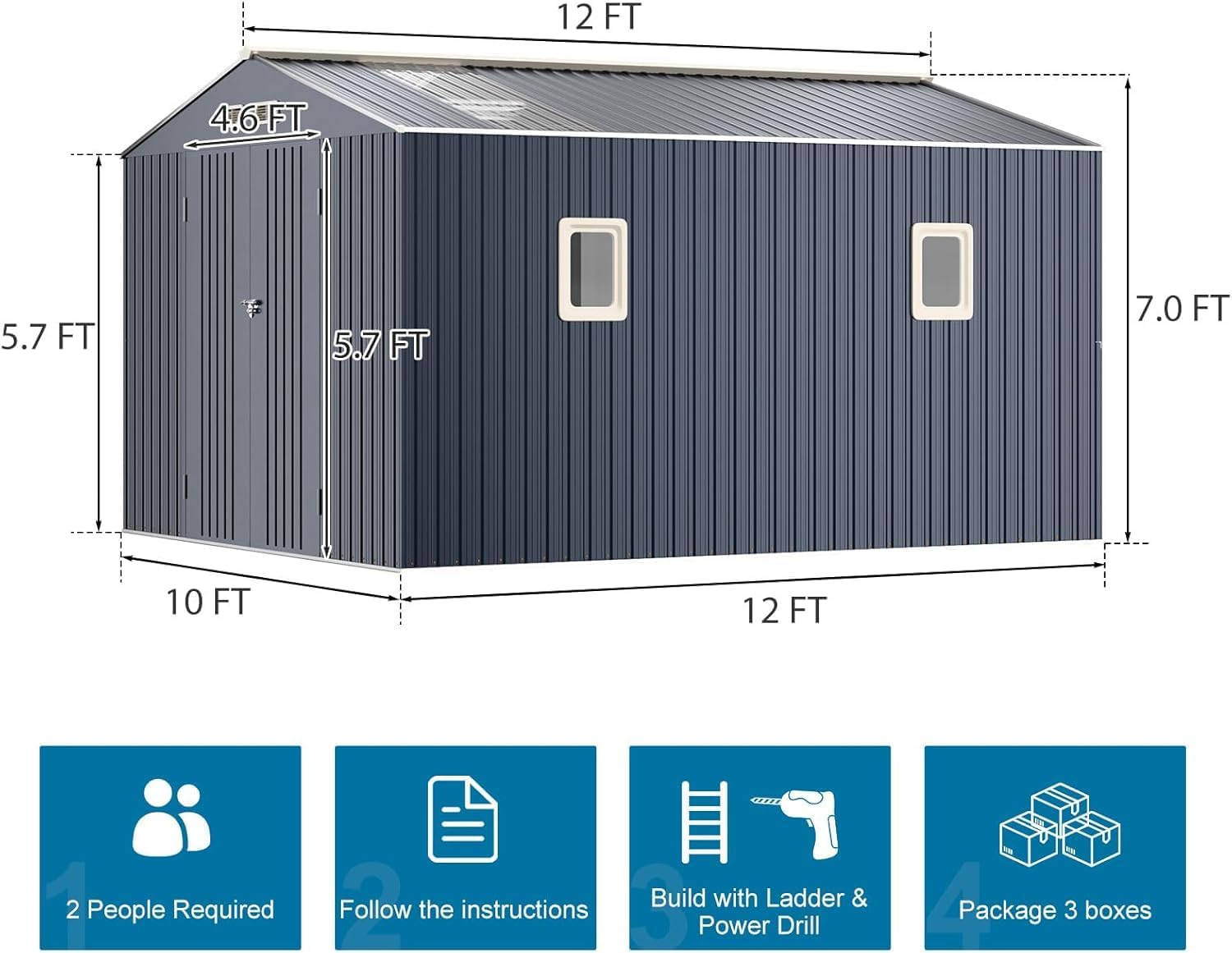 Restland 10x12 FT Outdoor Storage Shed with Floor Base Frame Metal Garden Shed with Clear Roof, Air Vent & Lockable Door Large Tool Storage House for Backyard, Garden, Lawn