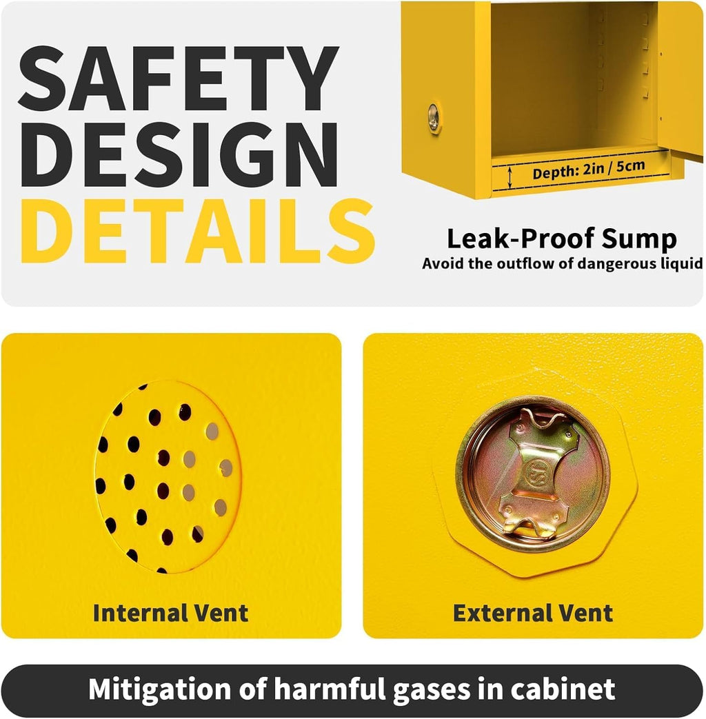 Flammable Cabinet, 18 Gallon Hazardous Storage Cabinets, Galvanized Steel Safety Storage Cabinet, Adjustable Shelf Fireproof Cabinet, for Commercial Industrial and Home Use, Yellow, 35H x 18W x 18.2D