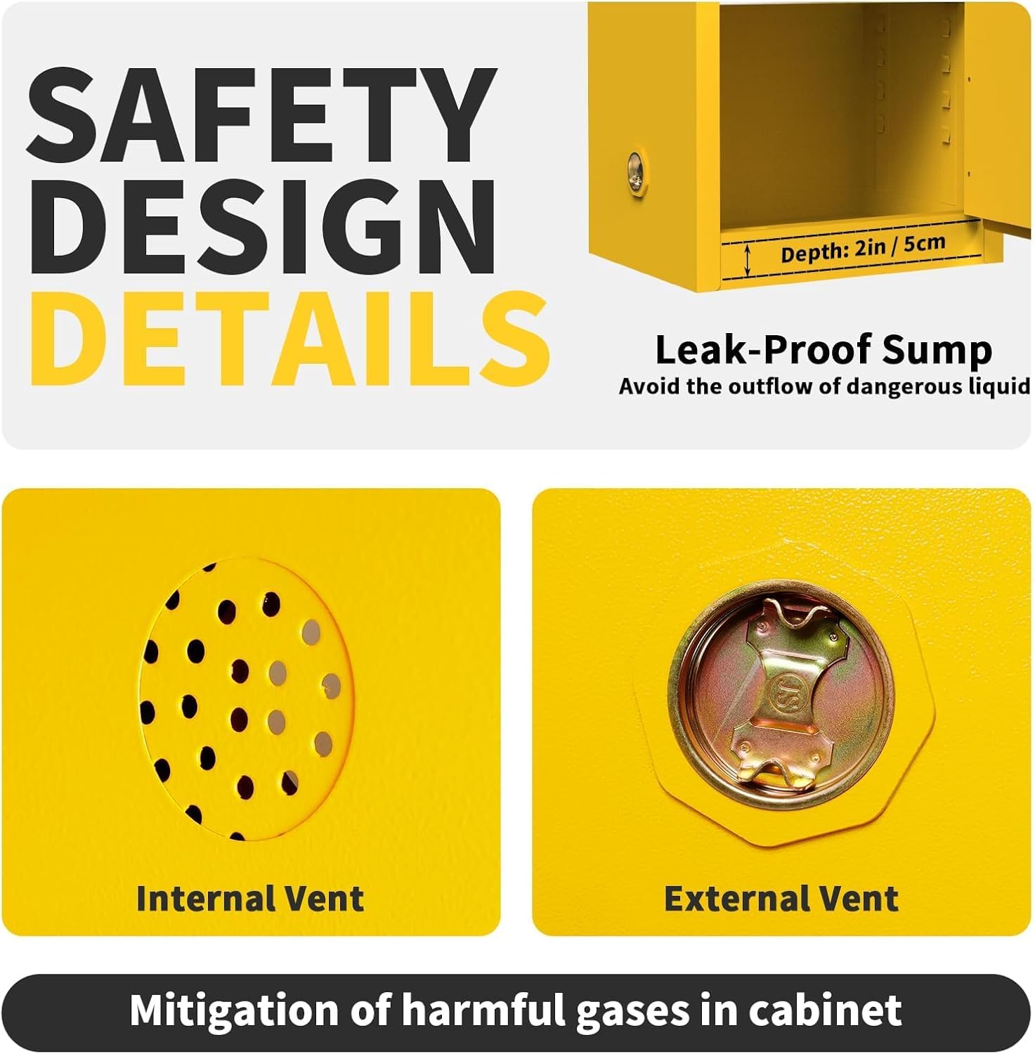 Flammable Cabinet, 18 Gallon Hazardous Storage Cabinets, Galvanized Steel Safety Storage Cabinet, Adjustable Shelf Fireproof Cabinet, for Commercial Industrial and Home Use, Yellow, 35H x 18W x 18.2D