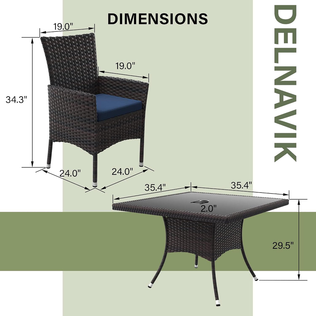 Kurapika 5-Piece Patio Furniture Outdoor Dining Set, Wicker Rattan Patio Dining Table and Chairs Set, Square Tempered Glass Tabletop with 4 Chair Set, Navy Blue