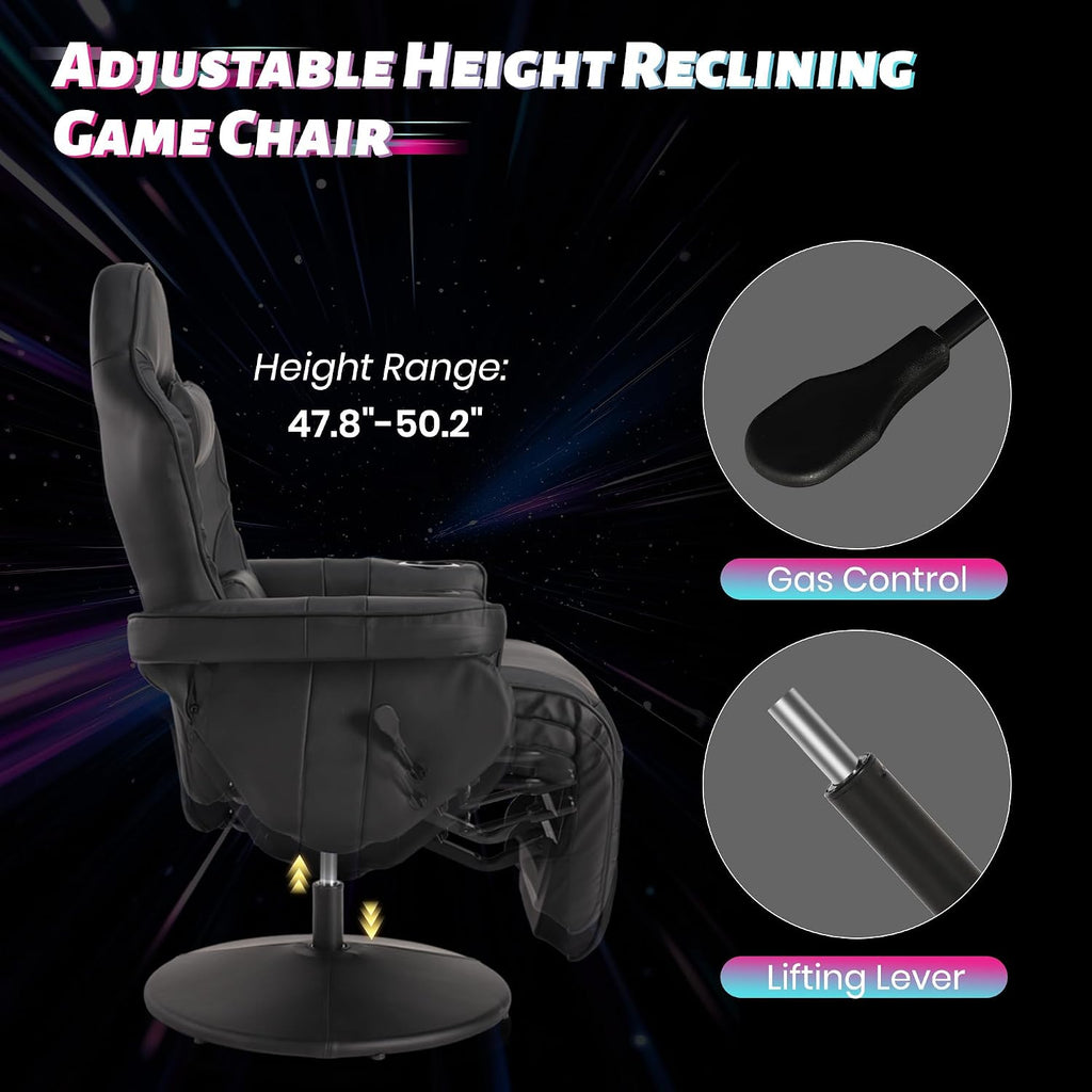 Game Reclining Chair with Adjustable Height, PU Gaming Chair with Massage, Long Footrest and Lumbar Support, High Back Swivel Computer Game Chair for Adult(Black)