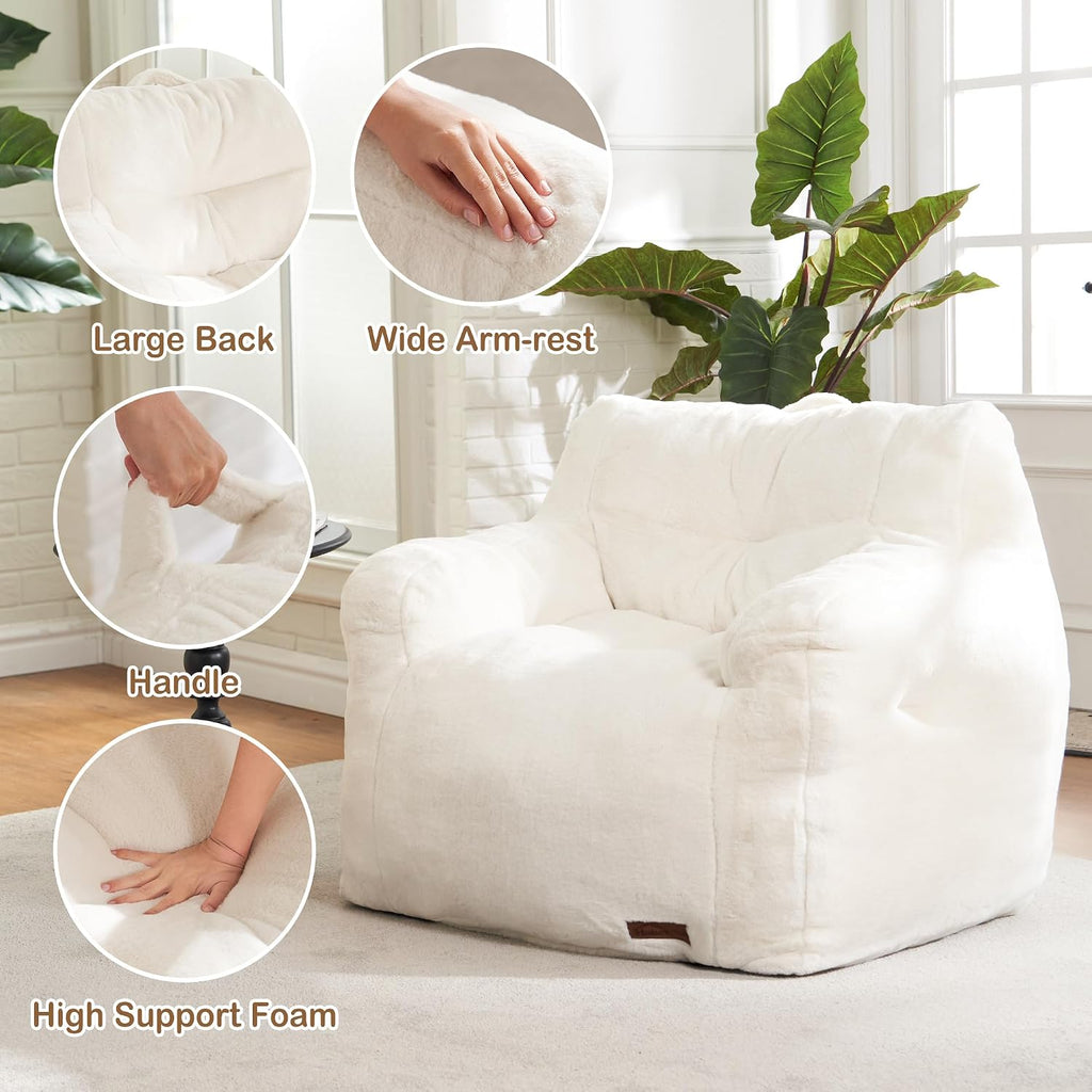 Hobestluk Bean Bag Chair for Adult Small Bean Bag Chairs with Arms Furry Beanbag Chair with Foam Filler Stuffed Bean Bag Sofa for Reading in Bedroom Living Room and Dorms(White)