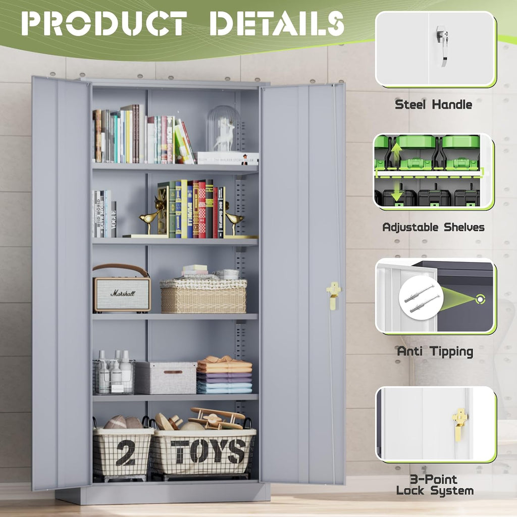 Incbruce 72' H x16 D Patio Metal Storage Cabinet, Outdoor Storage Cabinet with Doors and Adjustable Shelves, Tool Shed for Home, Patio, Office (Grey)