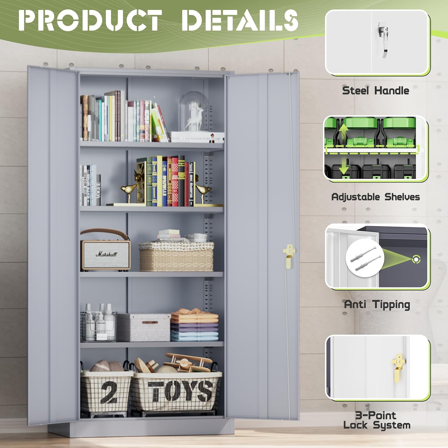 Incbruce 72' H x16 D Patio Metal Storage Cabinet, Outdoor Storage Cabinet with Doors and Adjustable Shelves, Tool Shed for Home, Patio, Office (Grey)