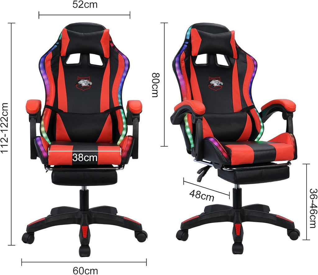 Gaming Chair,Computer Chair with Footrest and Lumbar Support,Height Adjustable Game Chair with 360° Swivel Seat and Headrest for Office&Gaming,Office Chair with Bluetooth Speakers&LED Lights (Red)