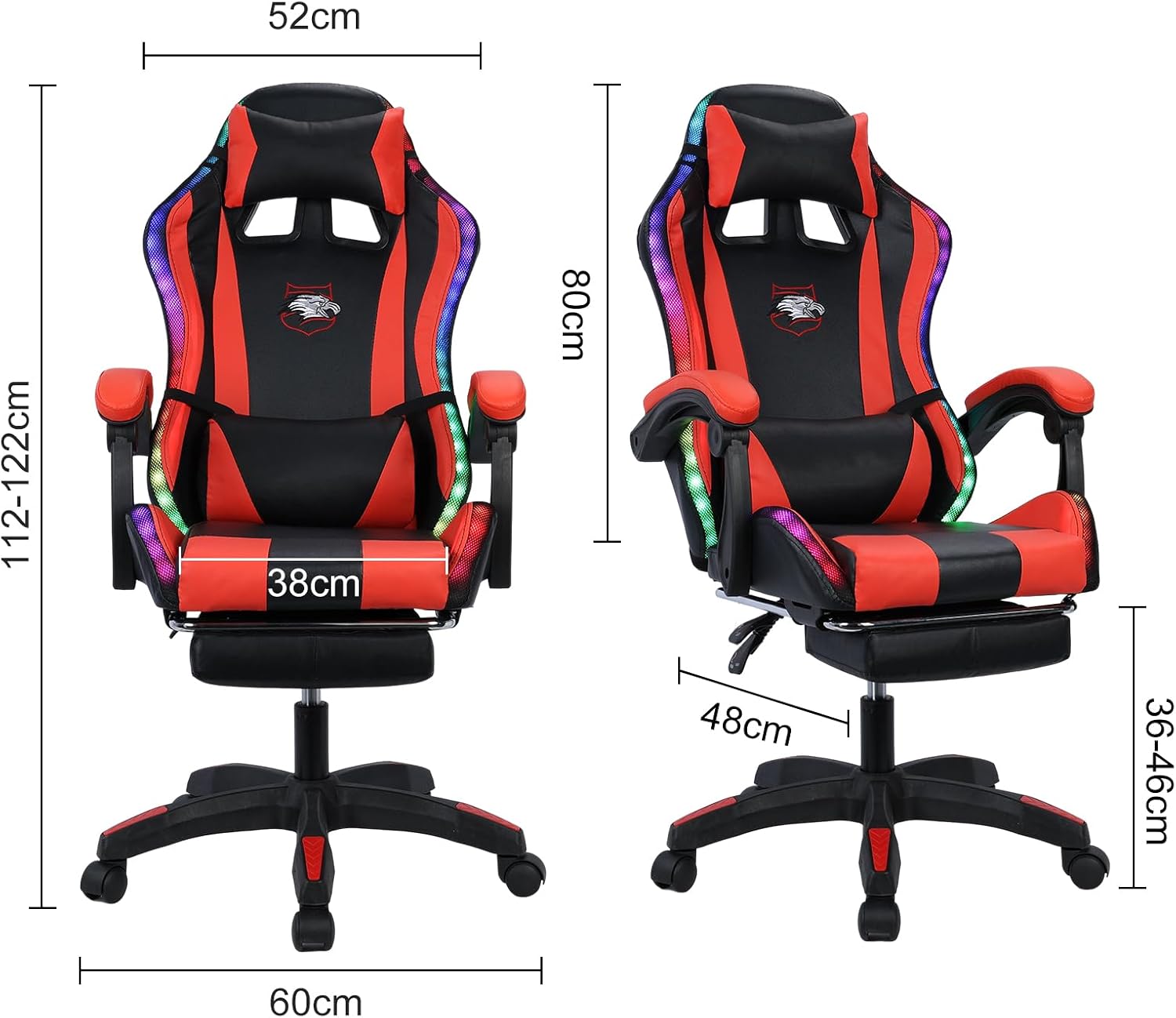 Gaming Chair with Compatible Speakers and RGB LED Lights, Ergonomic Massage Computer Gaming Chair with Height Adjustable, Video Game Chair High Back with Lumbar Support (Black & Red)