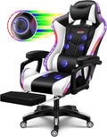Ergonomic Pro Gaming Chair with LED Lights and Speakers, Video Game Chair with Massage and Footrest, High Back Computer Chair with Lumbar Support and Headrest, Adjustable Height, for Adult Teens.,WHI