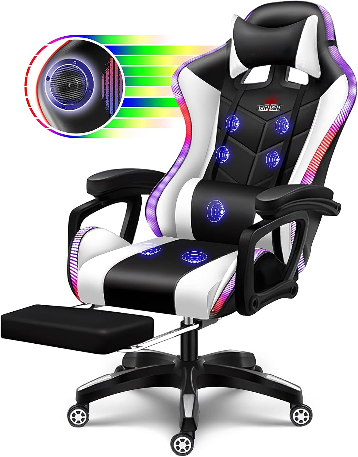 Ergonomic Pro Gaming Chair with LED Lights and Speakers, Video Game Chair with Massage and Footrest, High Back Computer Chair with Lumbar Support and Headrest, Adjustable Height, for Adult Teens.,WHI
