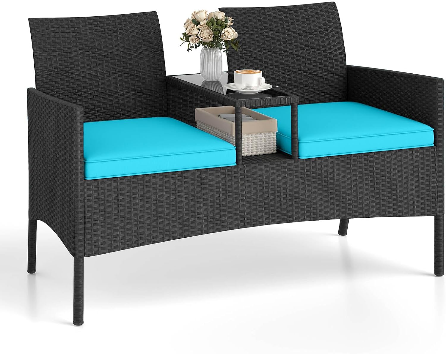 Tangkula Patio Loveseat with Built-in Table, Wicker 2-Seat Furniture with Soft Cushions & Tempered Glass Tabletop, Metal Frame Outdoor Conversation Seating Bench for Backyard, Porch