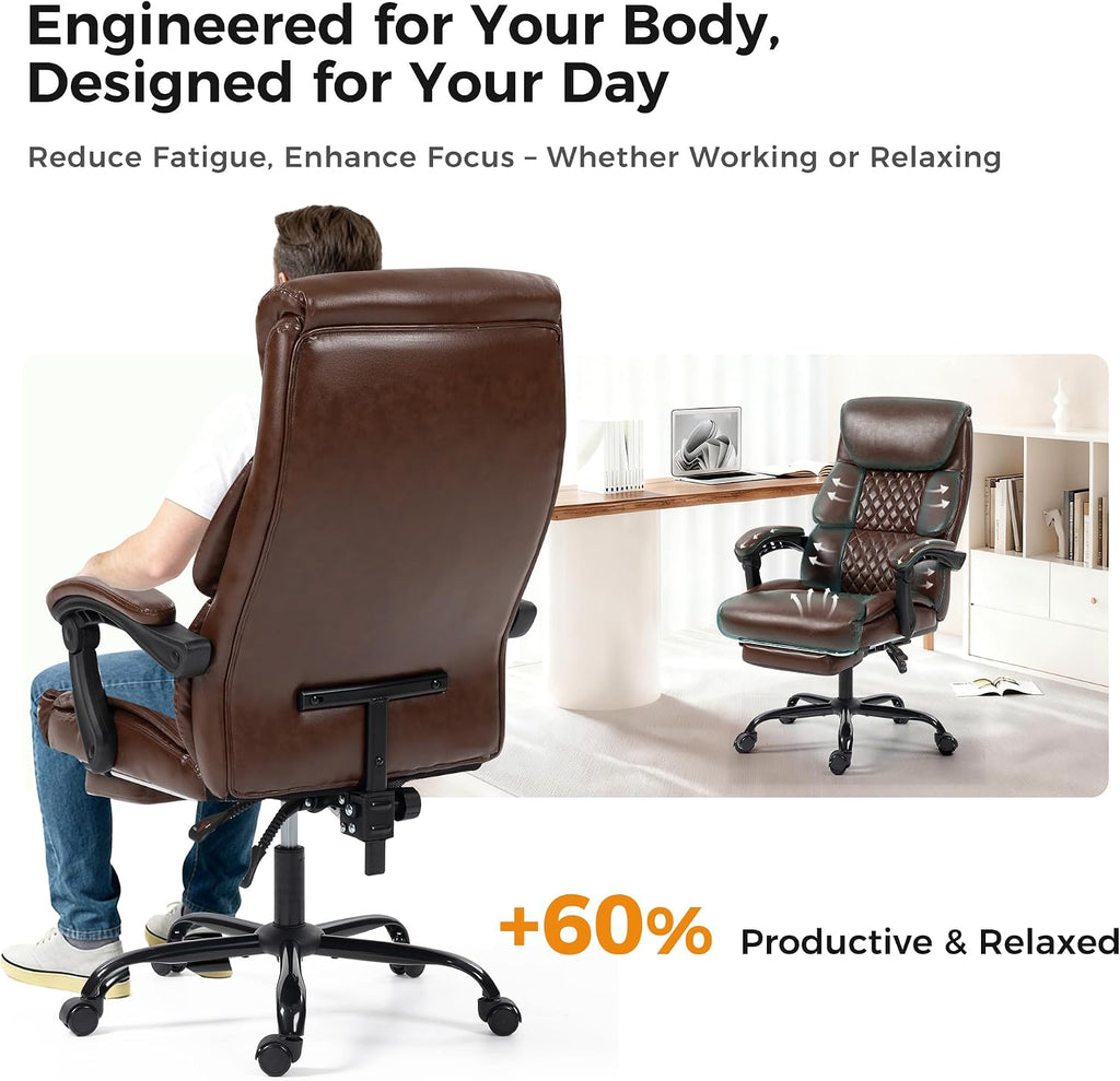 Office Chair, Executive High Back Leather Home Office Desk Chair with Footrest & Lumbar Support - Ergonomic Reclining Comfortable Wide Swivel Rolling Gaming Computer Chair 90-135° Adjustable Tilt Lock