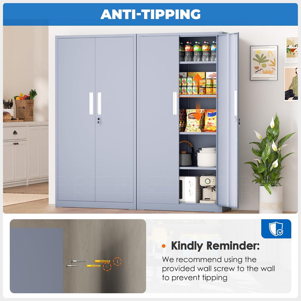 INTERGRAET 63' Pantry Cabinet, Kitchen Pantry Storage Cabinets with 2 Doors and 4 Shelves,Cement Gray Metal Storage Cabinet,Cupboard for Home,Kitchen,Living Room/Dining