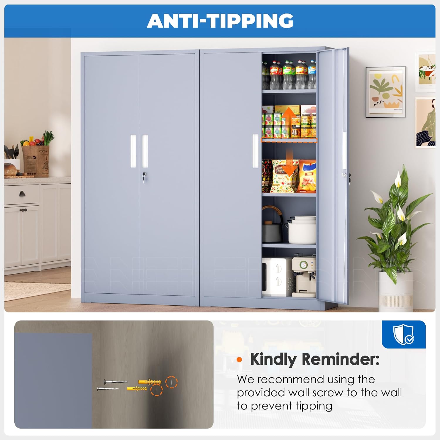 INTERGRAET 63' Pantry Cabinet, Kitchen Pantry Storage Cabinets with 2 Doors and 4 Shelves,Cement Gray Metal Storage Cabinet,Cupboard for Home,Kitchen,Living Room/Dining