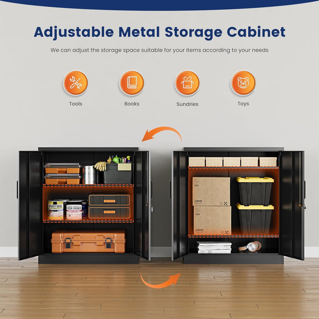 Yizosh Metal Garage Storage Cabinet with 2 Doors and 2 Adjustable Shelves - 35.5' Steel Lockable File Counter Cabinet for Home Office,Garage,Gym,School（Black）