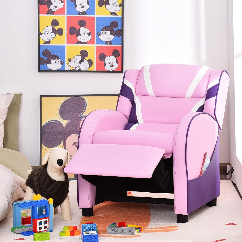 MAT EXPERT Kids Recliner Sofa, Gaming Chair w/Footrest, Arms & Side Pocket Storage, Adjustable Leather Kids Couch Lazy Boy Armchair Reading Chair, Toddler Lounge Chair for Boys Girls Age 3+ (Pink)