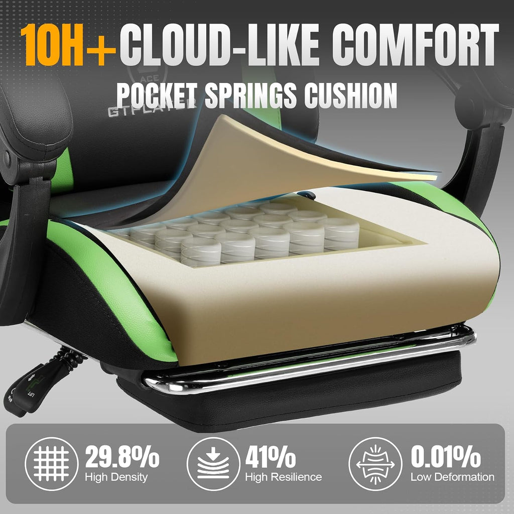GTPLAYER Gaming Chair with Foot Rest & Pocket Spring Cushion, Ergonomic High Back Computer Chair with Headrest & 360°-Swivel Seat for Home Office Desk, PU Leather, Vivid Green