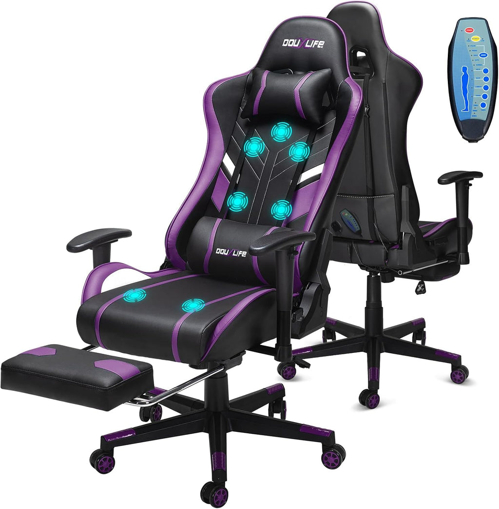 Douxlife 7-Point Massage Gaming Chair with Footrest, 400lbs Heavy Duty Ergonomic Computer Chair, 175° Reclining High Back Racing Seat for Adults with Adjustable Armrests & Lumbar Support, Purple