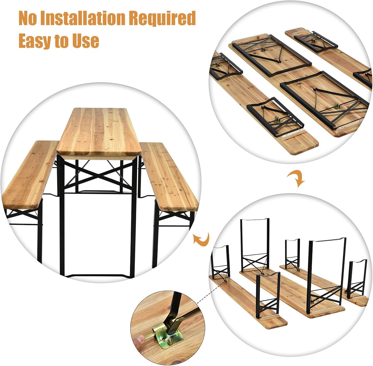 Giantex 70'' 3-Piece Portable Folding Picnic Beer Table with Seating Set Wooden Top Picnic Table for Patio Outdoor Activities Garden Use, 30'' Table Height