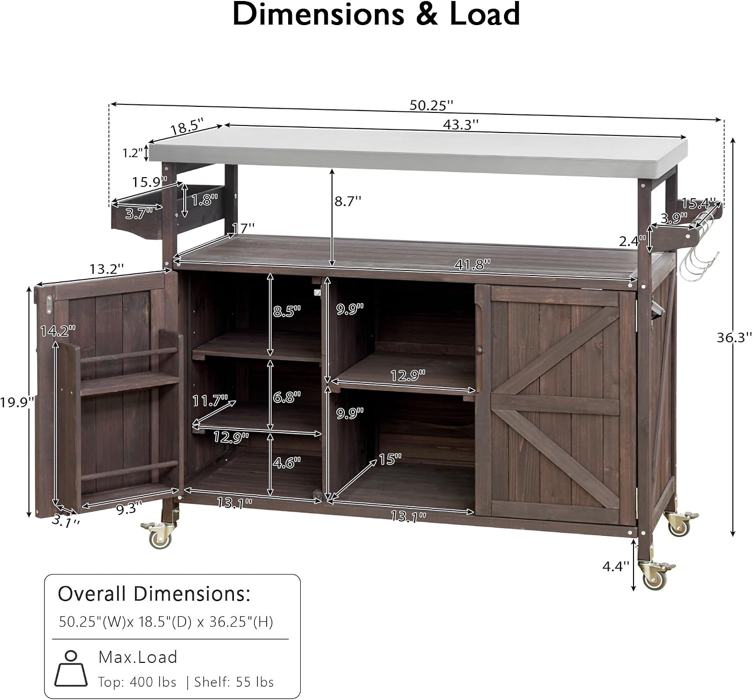 Outdoor Grill Carts for Patio Graden BBQ with Storage Cabinet, Home Rolling Kitchen Island Bar Cart with Stainless Steel Top, Food Prep Table with Shelves, Spice Rack & Towel Holder (Dark Brown)