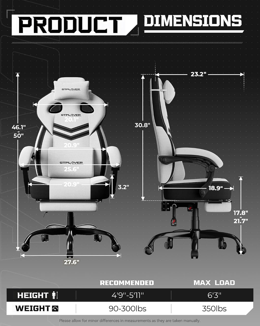 GTPLAYER Gaming Chairs for Adult - Ergonomic Big & Tall Gaming Seat with Footrest & Lumbar Support, Comfortable Office Chair 90-155° Reclining - Heavy Duty Wide Computer Seat, White Grey