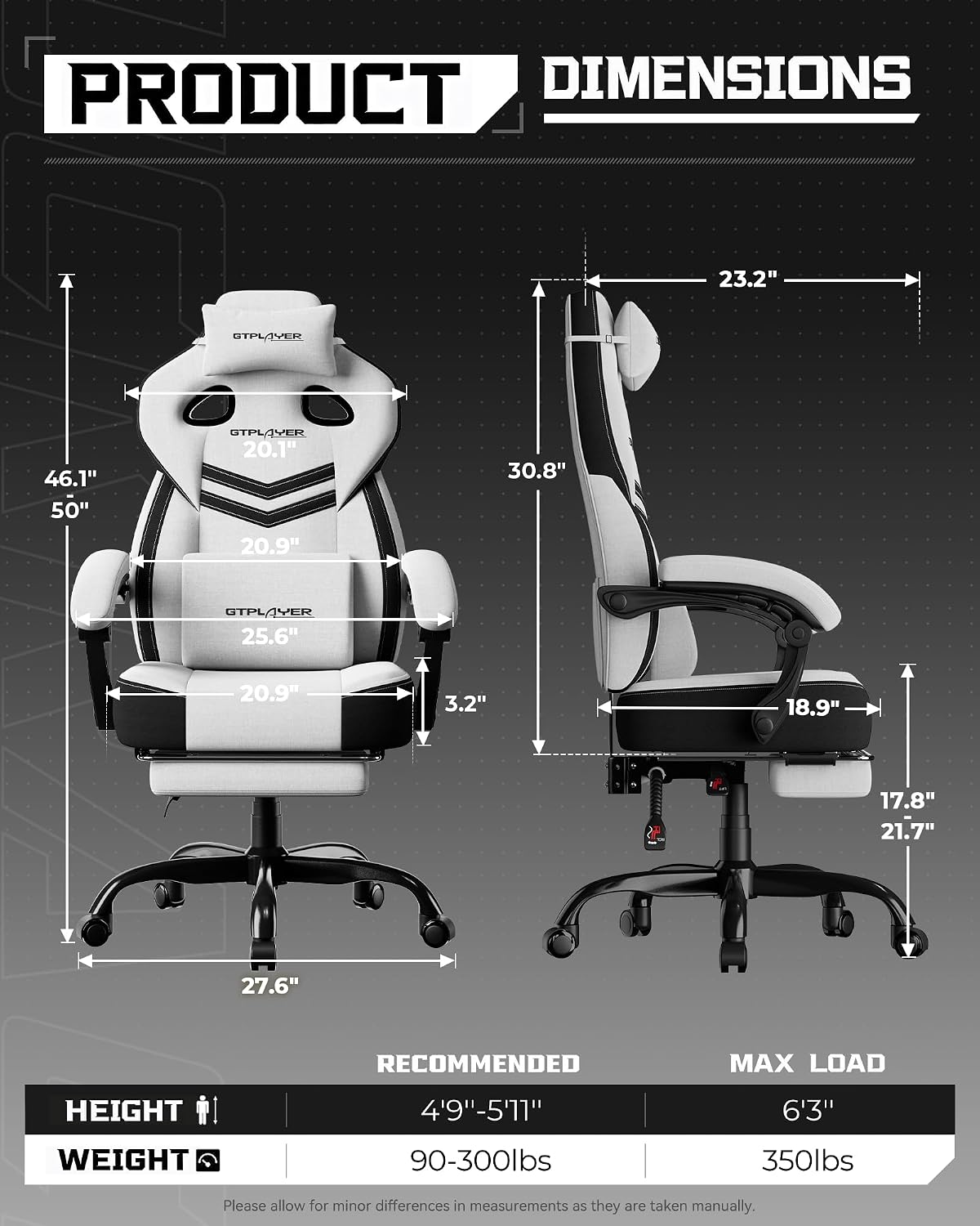 GTPLAYER Gaming Chairs for Adult - Ergonomic Big & Tall Gaming Seat with Footrest & Lumbar Support, Comfortable Office Chair 90-155° Reclining - Heavy Duty Wide Computer Seat, White Grey