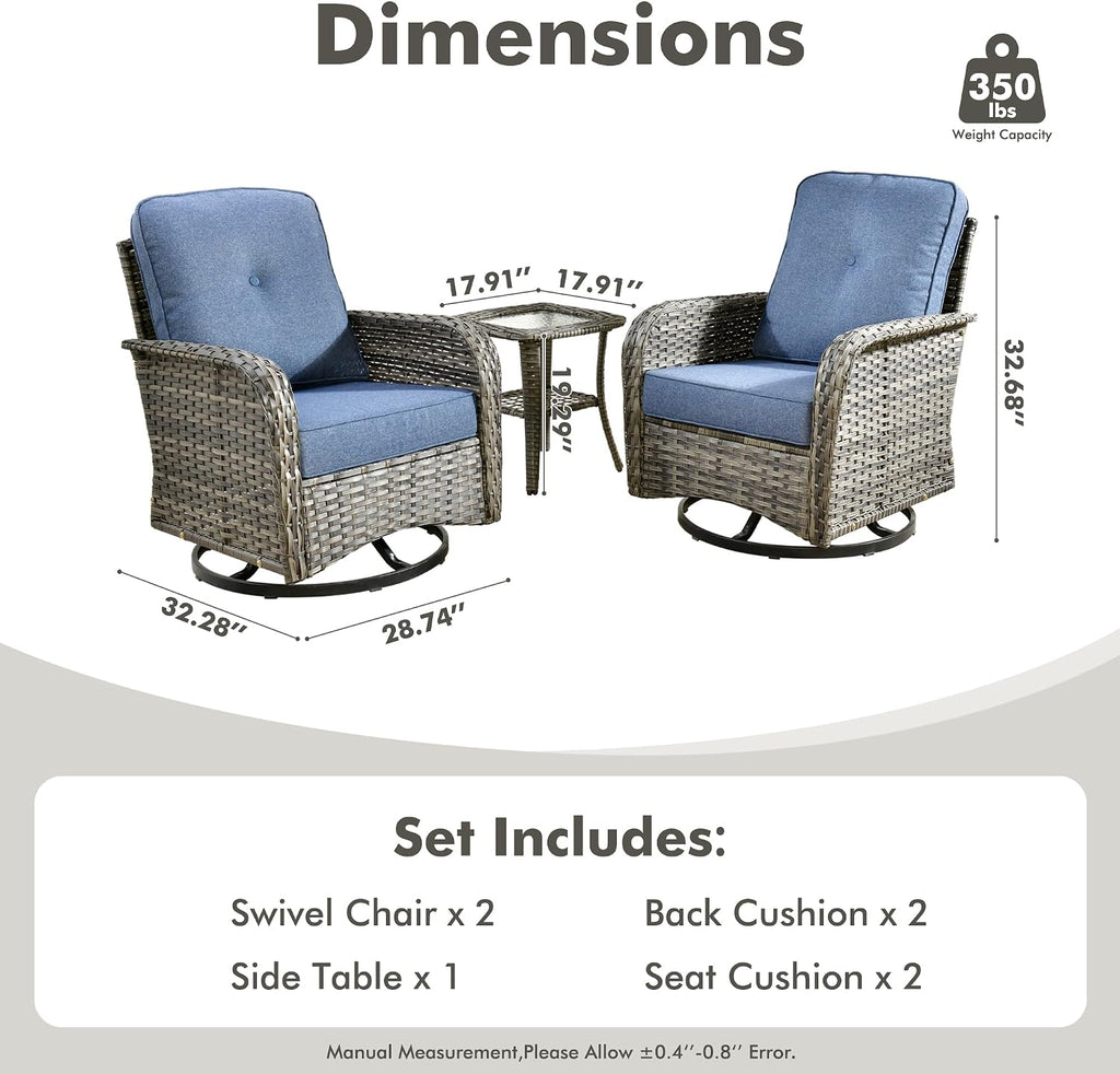 CAODOC 3-Piece Swivel Rocking Rattan Chair Outdoor, Patio Bistro Furniture Conversation Set, Wicker Chair with Coffee Table Blue
