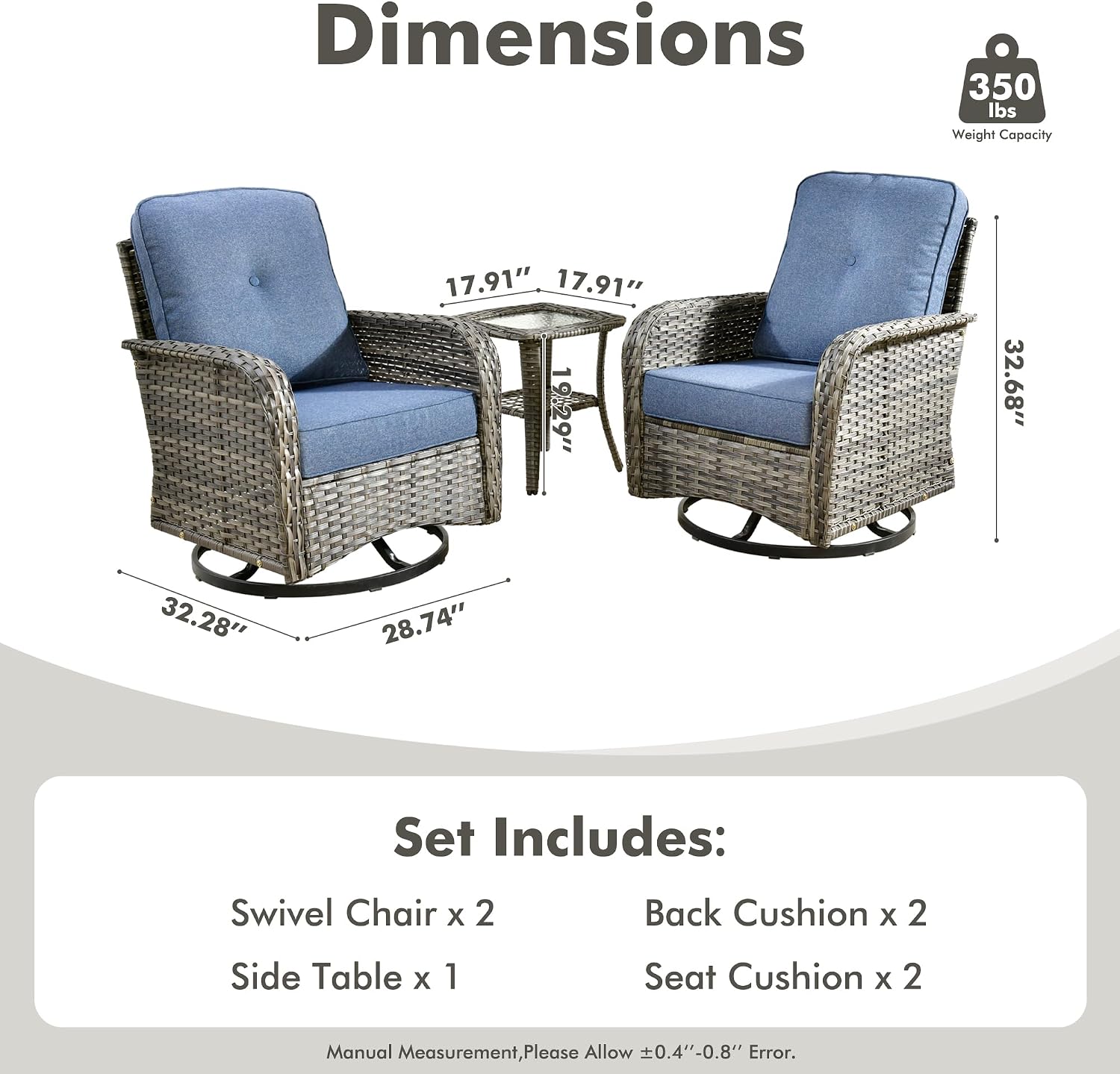 CAODOC 3-Piece Swivel Rocking Rattan Chair Outdoor, Patio Bistro Furniture Conversation Set, Wicker Chair with Coffee Table Blue