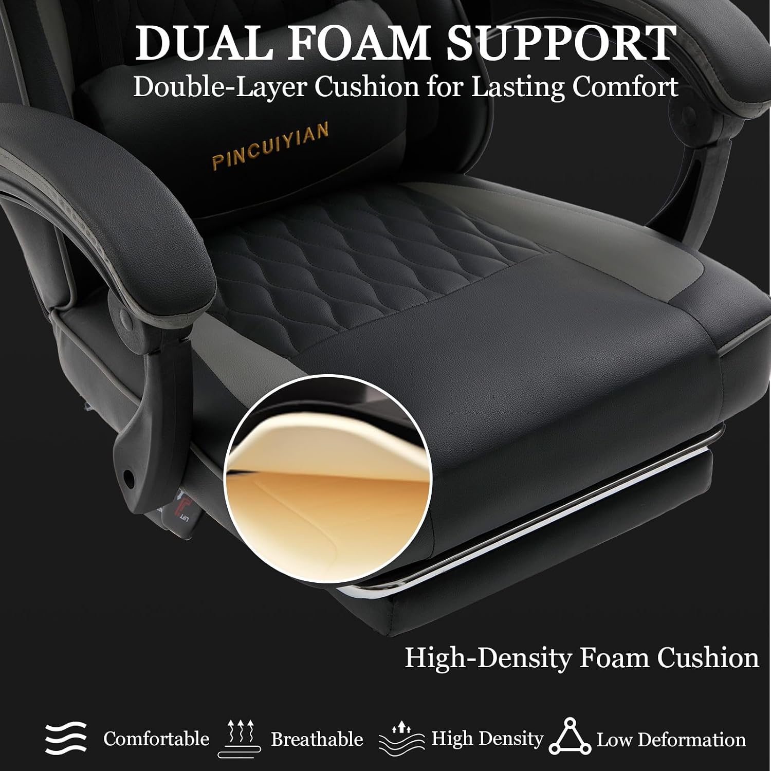 Ergonomic Gaming Chair with Footrest and Lumbar Support, High Back Reclining PU Leather Computer Chair with Headrest and Linkage Armrests, Swivel Height Adjustable Office Gamer Chair for Adults (Gray)
