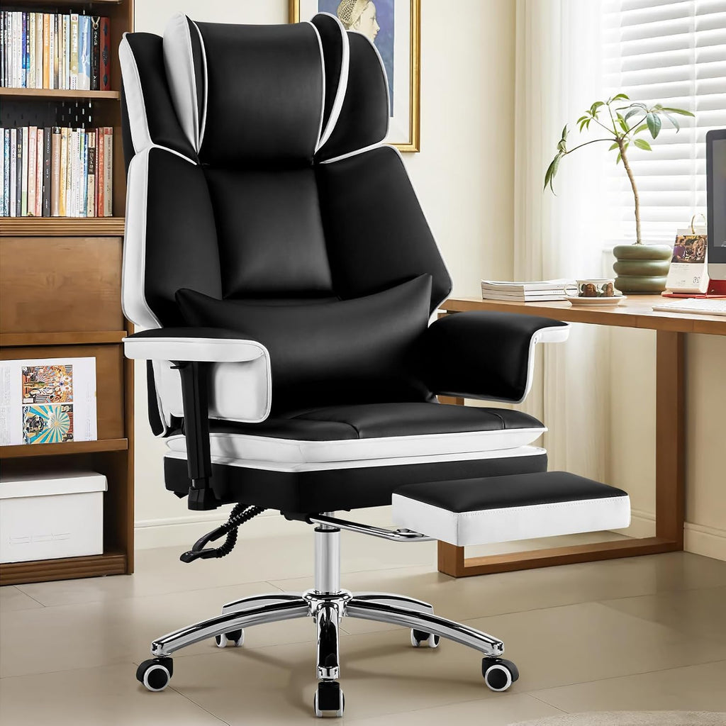 Heavy Duty Office Chair with Footrest High Back, PU Leather Office Chair with with Adjustable Lumbar Support, Reclining Computer Desk Chair with Adjustable Height, Adjustable Armrests, Black White