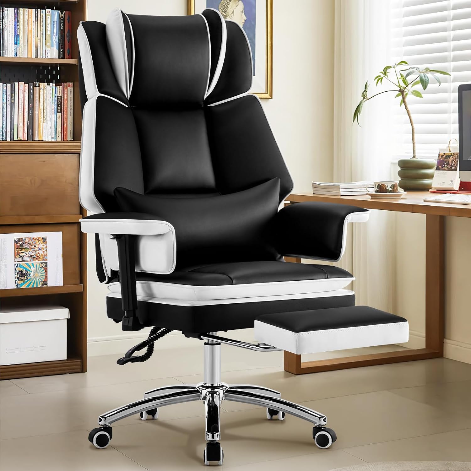 Heavy Duty Office Chair with Footrest High Back, PU Leather Office Chair with with Adjustable Lumbar Support, Reclining Computer Desk Chair with Adjustable Height, Adjustable Armrests, Black White
