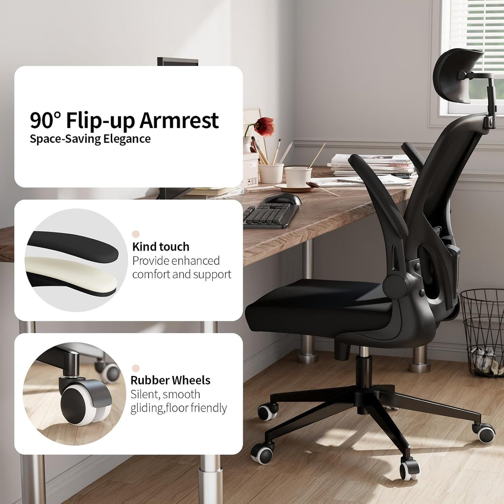 Monhey Office Chair Ergonomic Desk Chair with Lumbar Support&Headrest&Flip-up Arms Height Adjustable Rocking Swivel High Computer Chair Multi-Angle from 90° to 125° with 350LBS Capacity (03All Black)